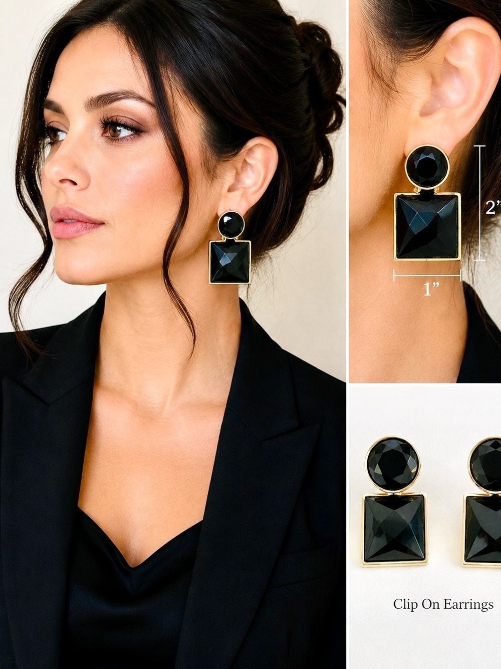 Vintage Black & Gold Geometric Clip-On Earrings